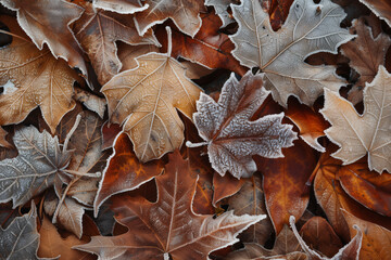close up of frost covered autumn leaves