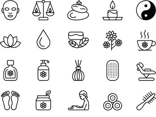 "Minimalist Black and White Wellness and Spa Line Art Icons for Relaxation and Self-Care"