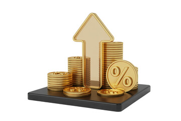 Elevate Your Financial Story with Golden Precision a visual narrative of growth and opportunity using golden coins, a rising arrow, and a prominent percentage symbol for powerful business success