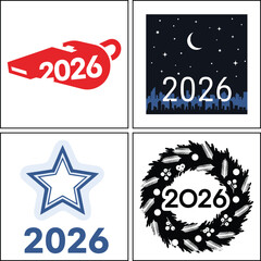 Collection of 2026 themed icons isolated on white background, representing future events
