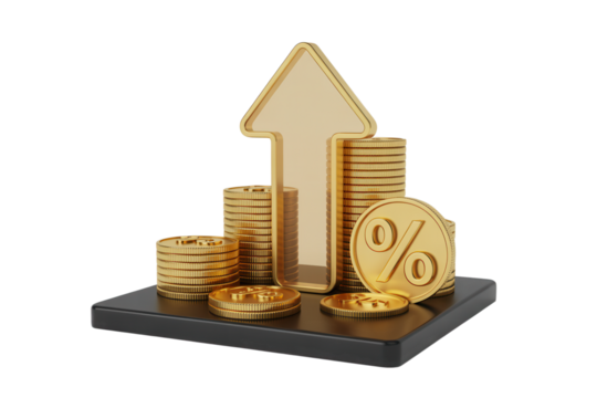 Elevate Your Financial Story with Golden Precision a visual narrative of growth and opportunity using golden coins, a rising arrow, and a prominent percentage symbol for powerful business success