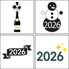 Festive 2026 new year celebration icons with champagne, snowman, and banner isolated on white background