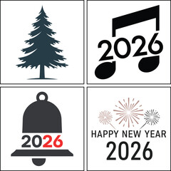 Festive 2026 new year greeting card design with holiday icons isolated on white background