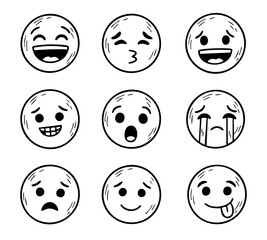 Crayon emoji faces set. Hand drawn chalk icons with emotions, mood, happy, in love, smiling face with tongue hanging out, sad, mad, crying. Vector doodle illustration fun kid style charcoal texture