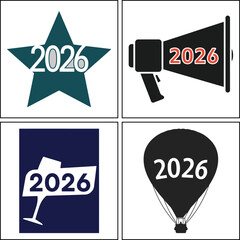 Modern 2026 new year icons with star, megaphone, wine glass, and balloon isolated on white background