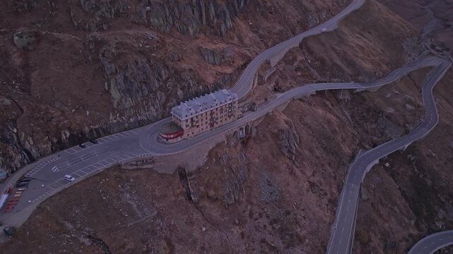 Scenic morning view of Furka Pass from above, Swiss Alps.