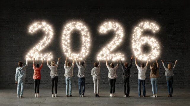 Diverse group celebrating new year 2026 with sparklers against dark background