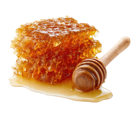 Honeycomb and wooden dipper.  A close-up view of a golden honeycomb, dripping with honey. A wooden dipper rests alongside, also coated in honey