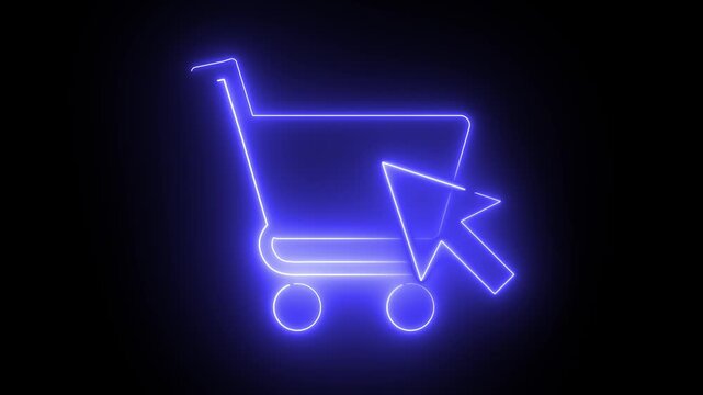 Shopping cart with computer selection arrow, animated in neon light