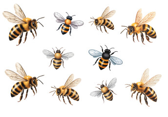 Flying watercolor honeybee, realistic hand painted.