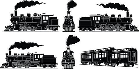 Vintage steam locomotive silhouette set featuring classic train engines, railway transportation illustration, retro rail vehicles and old passenger car design © Biplob Creatives