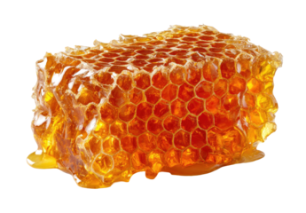 Honeycomb cube, golden-orange, dripping with honey