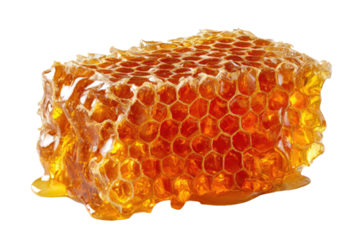 Honeycomb cube, golden-orange, dripping with honey