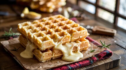 Savory waffle croque monsieur sandwich smothered in creamy melted cheese sauce