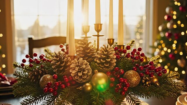 A festive centerpiece featuring pinecones and red berries sits on a dining table, illuminated by warm candlelight during a cozy winter evening. The atmosphere highlights holiday jo