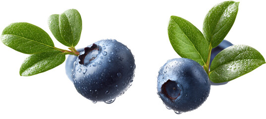 Two fresh blueberries with leaves