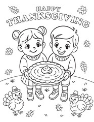 Happy Thanksgiving coloring page: cute boy and girl holding a pumpkin pie, surrounded by turkeys and fall leaves. Black and white vector for kids&rsquo; holiday printables and classroom activities.