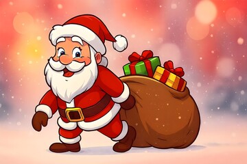 Jolly Cartoon Santa Dragging Gift Bag on Blurred Pink-Red Winter Christmas Background