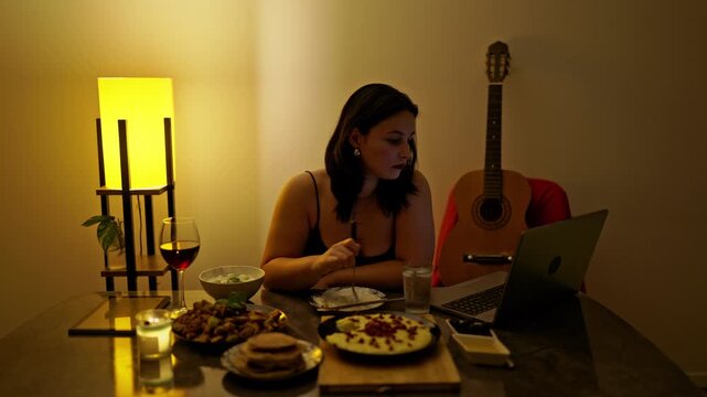 A young woman enjoys a quiet evening meal at home, eating delicious food while staying entertained by her laptop screen.