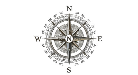 Detailed compass rose illustration with intricate design, featuring cardinal directions and degree markings, isolated on transparent background, perfect for navigation or cartography projects