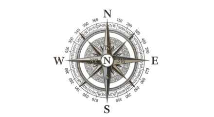 Detailed compass rose illustration with intricate design, featuring cardinal directions and degree markings, isolated on transparent background, perfect for navigation or cartography projects