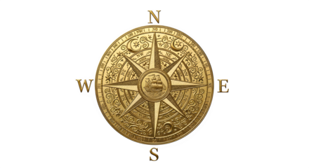 An ornate golden compass, isolated on transparent background, with intricate details and cardinal directions, symbolizing guidance, exploration, and the spirit of adventure