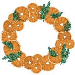 Rustic Christmas illustration. Natural wreaths with pine, orange and cinnamon