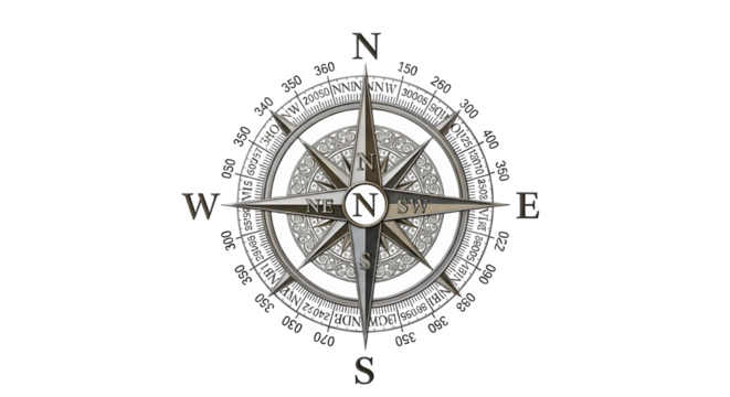 Detailed compass rose illustration with intricate design, featuring cardinal directions and degree markings, isolated on transparent background, perfect for navigation or cartography projects