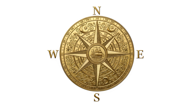 An ornate golden compass, isolated on transparent background, with intricate details and cardinal directions, symbolizing guidance, exploration, and the spirit of adventure