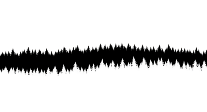 Silhouette of a dense forest landscape, showcasing a continuous line of evergreen trees against an isolated on transparent background, perfect for naturethemed designs and illustrations