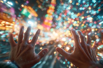 Hands reaching into overwhelming, blurred urban lights. Symbolizes sensory overload, anxiety, and the intensity of modern life.