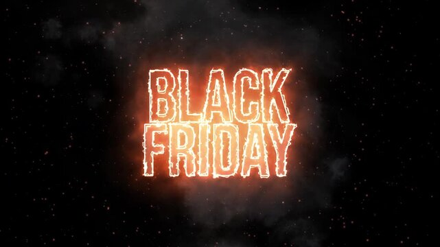 A dynamic Black Friday text title is revealed by an initial blast effect on a black background, with neon light waves immediately flowing over the text.. 4K resolution video