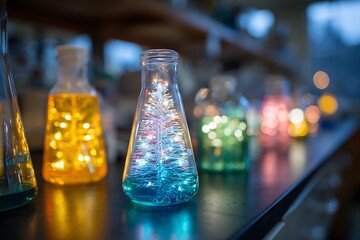 A glowing miniature Christmas tree inside an Erlenmeyer flask, symbolizing the fusion of science, discovery, and holiday magic. Represents innovation and festive cheer in the lab.