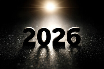 Bright lighting highlights the year 2026 in bold letters on a da