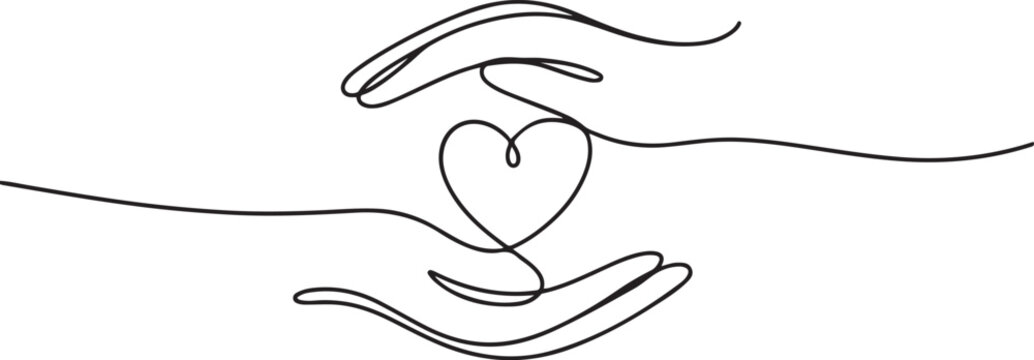 Hands holding heart continuous one line art drawing. Charity donation linear symbol.one line icon with with white background