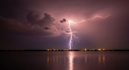 Vivid lightning strike over reflective water, with distant cityscape lights. Symbolizes powerful nature, energy, and atmospheric phenomenon