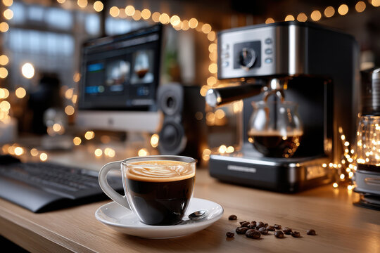 Cozy Home Office with Coffee and Festive Lights