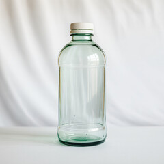 Clear glass beverage bottle with silver lid isolated on clean white studio background for product packaging