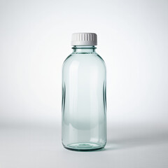 Clear cylindrical glass bottle with white screw cap isolated on bright studio background for packaging use