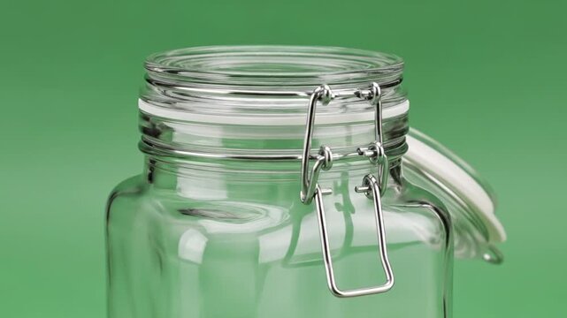Clear Glass Jar with Metal Clasp Lid Close Up Studio Shot.