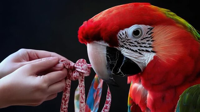 A person holds a brightly colored parrot
