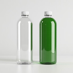 Two transparent bottles with one clear liquid and one green liquid isolated on bright studio background