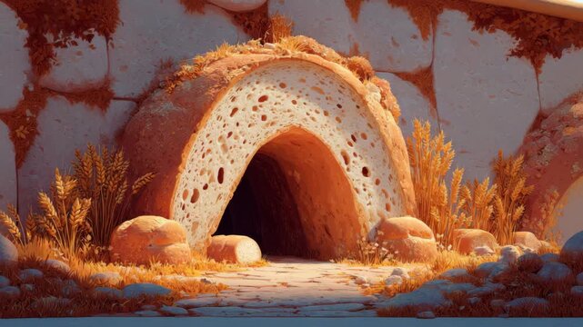 Fantasy bread cave in autumn forest with lush foliage and rustic pathway