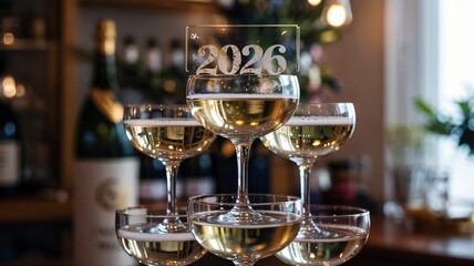 Dramatic tower of champagne coupe glasses with a 2026 sign in a festive setting