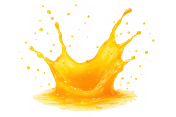 Orange juice refreshing liquid splash forming a crown, dynamic beverage movement, healthy drink pouring with drips on transparent background