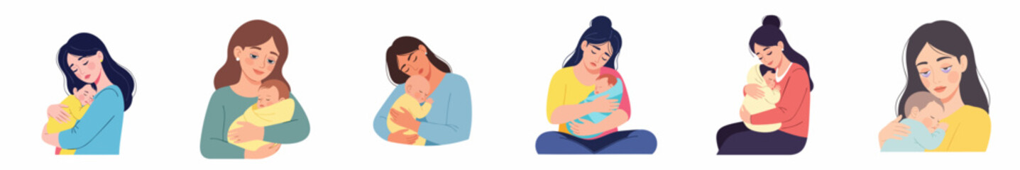 Flat Illustration of Mother Holding Newborn Baby in Various Poses Icon Set