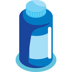 A blue bottle with a light blue label and cap featuring a simple minimalist design on a transparent background suitable for medical or cosmetic use