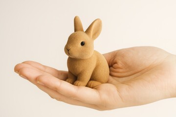 Small Toy Bunny Sitting on Human Hand. Cute Miniature Rabbit. AI Generative.