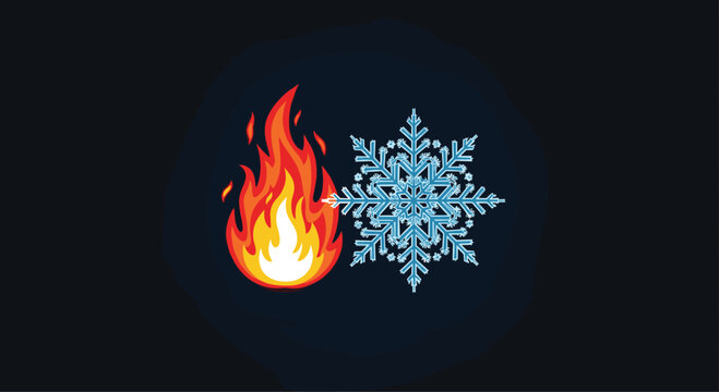 Conceptual illustration of a burning fire and a cold snowflake representing the opposites of hot and cold.