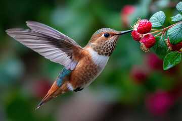 Fototapeta premium Hummingbird feeding on bright red berries in a lush garden setting